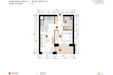 Rzut - Mieszkanie na sprzedaż 2 pokoje o powierzchni 32,54 m² - numer 8E-31 w Platanowy Park etap IV