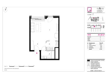 Rzut - Mieszkanie na sprzedaż 1 pokój o powierzchni 41,34 m² - numer H14 w 19. Dzielnica Etap V