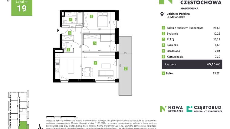 Rzut - Mieszkanie na sprzedaż 3 pokoje o powierzchni 65,16 m² - numer C19 w Nowa Częstochowa Małopolska
