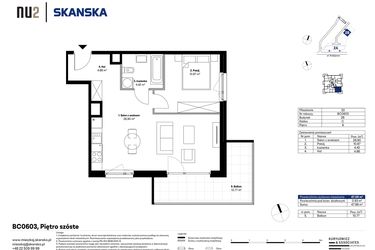Rzut - Mieszkanie na sprzedaż 2 pokoje o powierzchni 47,05 m² - numer BC0603 w NU2 Warszawa Wola