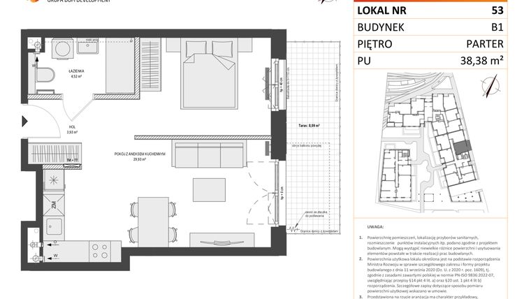Rzut - Mieszkanie na sprzedaż 1 pokój o powierzchni 38,38 m² - numer B1.53 w Zajezdnia Motława