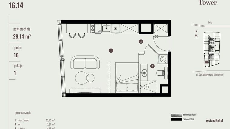 Rzut - Mieszkanie na sprzedaż 1 pokój o powierzchni 29,42 m² - numer 16.14 w Quorum Tower