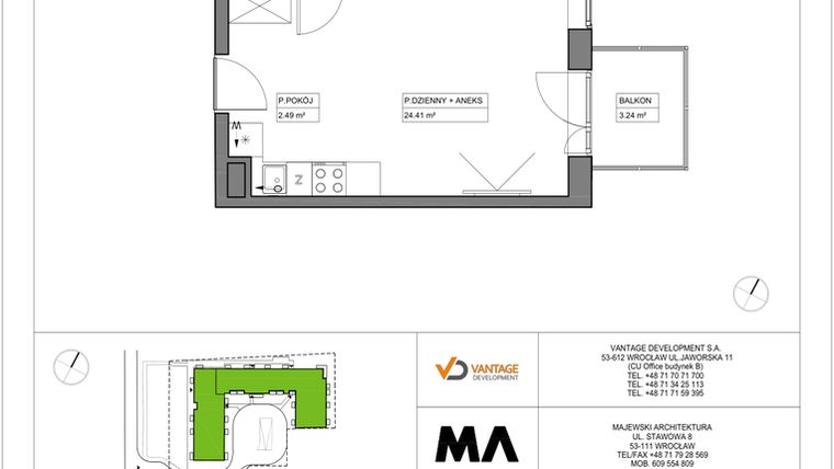 Rzut - Mieszkanie na sprzedaż 1 pokój o powierzchni 31,34 m² - numer PT/C/1/2 w Przystanek Tarnogaj