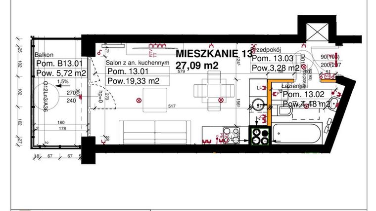 Rzut - Mieszkanie na sprzedaż 1 pokój o powierzchni 27,09 m² - numer M13 w Srebrzyńska Park IV