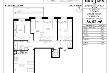 Rzut - Mieszkanie na sprzedaż 5 pokoi o powierzchni 86,52 m² - numer JAR-II-B-LM-M24 w Osiedle JAR Heweliusza etap II