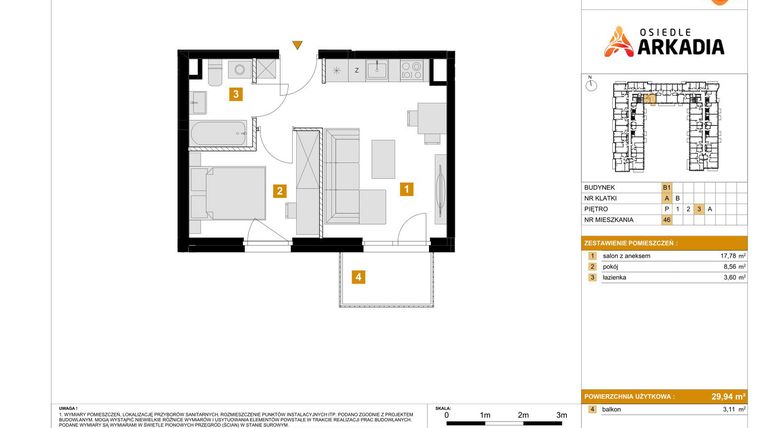 Rzut - Mieszkanie na sprzedaż 2 pokoje o powierzchni 29,94 m² - numer B1.46 w Osiedle Arkadia etap 2