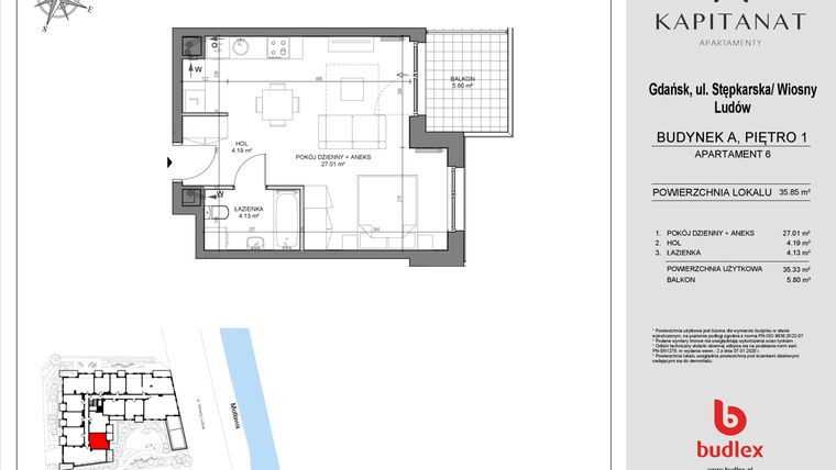 Rzut - Mieszkanie na sprzedaż 1 pokój o powierzchni 35,33 m² - numer A6 w Kapitanat A