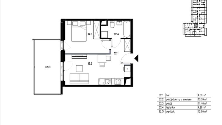 Rzut - Mieszkanie na sprzedaż 2 pokoje o powierzchni 35,93 m² - numer C3.32 w Osiedle Mozaika
