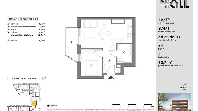 Rzut - Mieszkanie na sprzedaż 2 pokoje o powierzchni 40,69 m² - numer B/4/1 w Osiedle Mateckiego 4ALL