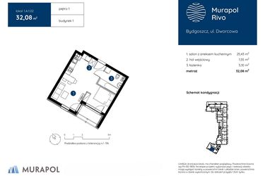 Rzut - Mieszkanie na sprzedaż 1 pokój o powierzchni 32,08 m² - numer 1.A.1.02 w Murapol Rivo