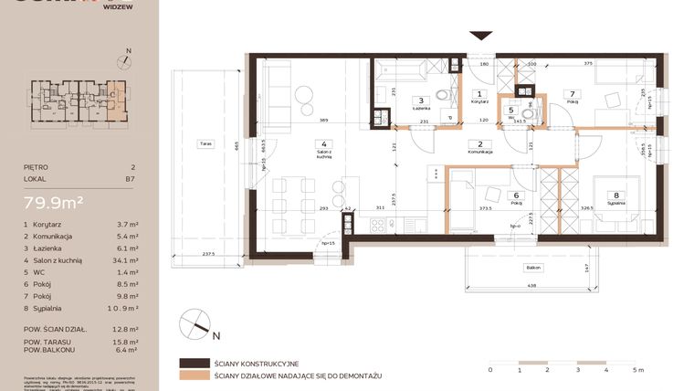 Rzut - Mieszkanie na sprzedaż 4 pokoje o powierzchni 79,9 m² - numer B7 w Domkove Widzew