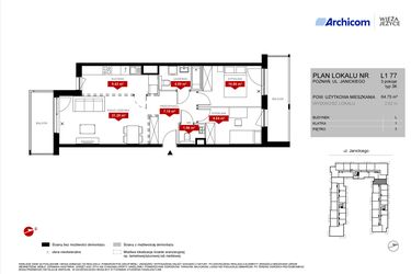Rzut - Mieszkanie na sprzedaż 3 pokoje o powierzchni 64,75 m² - numer L1.77 w Wieża Jeżyce etap VI