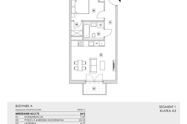 Rzut - Mieszkanie na sprzedaż 2 pokoje o powierzchni 47,16 m² - numer A3.3.72 w Zakole Wisły