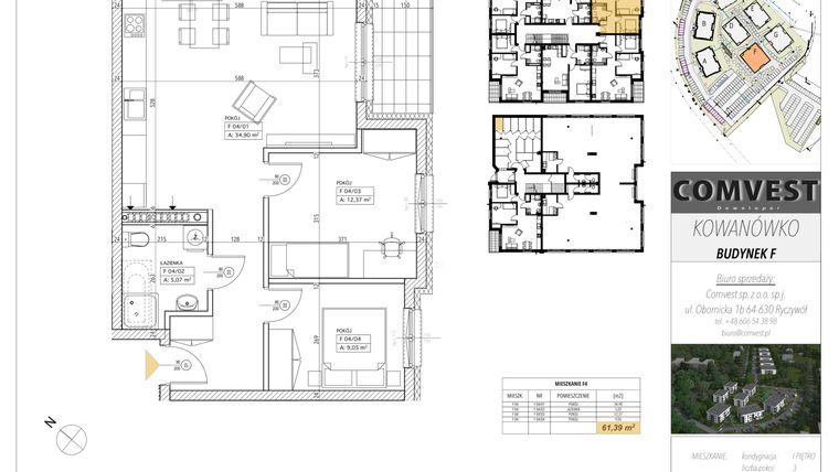 Rzut - Mieszkanie na sprzedaż 3 pokoje o powierzchni 61,39 m² - numer F4 w Kowanówko