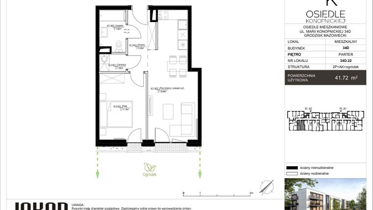 Rzut - Mieszkanie na sprzedaż 2 pokoje o powierzchni 41,72 m² - numer 34D.22 w Osiedle Konopnickiej