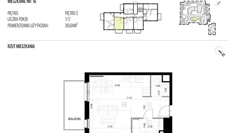 Rzut - Mieszkanie na sprzedaż 1 pokój o powierzchni 36,64 m² - numer 22H/16 w NATURAMA II