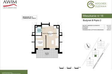 Rzut - Mieszkanie na sprzedaż 2 pokoje o powierzchni 36,09 m² - numer B18 w Wzgórze Gustawa