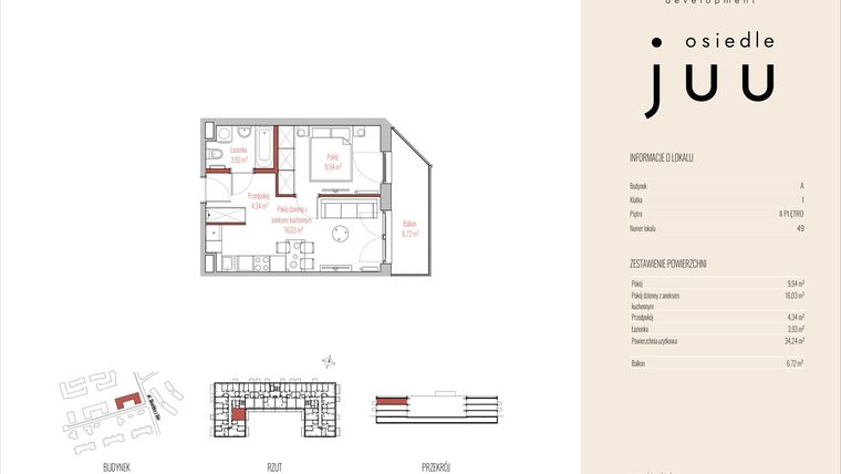 Rzut - Mieszkanie na sprzedaż 2 pokoje o powierzchni 34,24 m² - numer A.M049 w Osiedle Juu