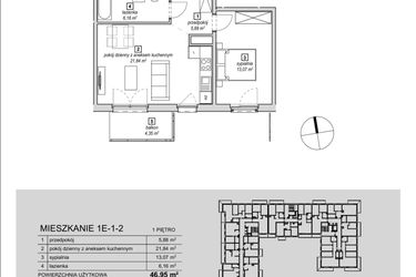 Rzut - Mieszkanie na sprzedaż 2 pokoje o powierzchni 46,95 m² - numer 1E-1-2 w Naramowice Odnova