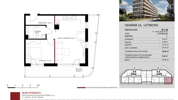 Rzut - Mieszkanie na sprzedaż 2 pokoje o powierzchni 48,59 m² - numer B.1.40 w Letnicka Residence