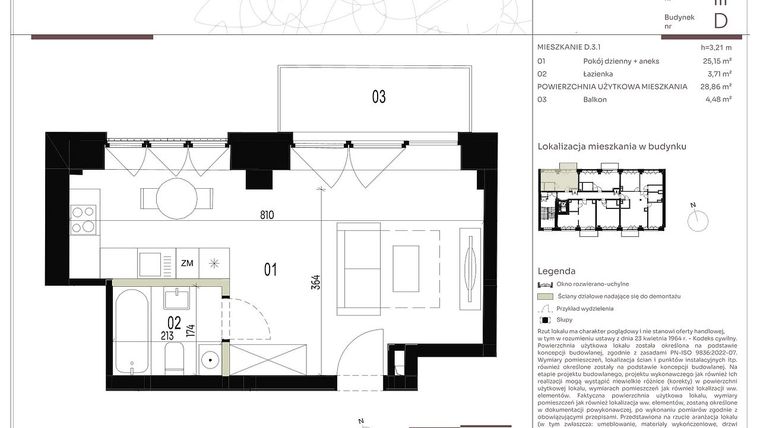 Rzut - Mieszkanie na sprzedaż 1 pokój o powierzchni 28,86 m² - numer D.3.1 w Nowa Stawowa