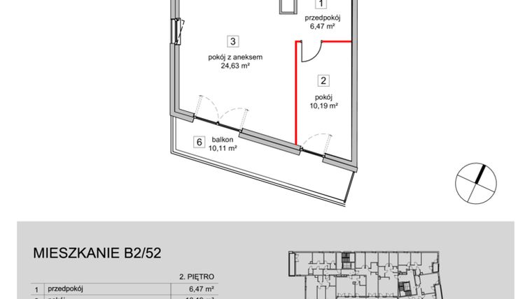 Rzut - Mieszkanie na sprzedaż 3 pokoje o powierzchni 59,74 m² - numer B2/52 w ATAL Aleja Pokoju IIIB