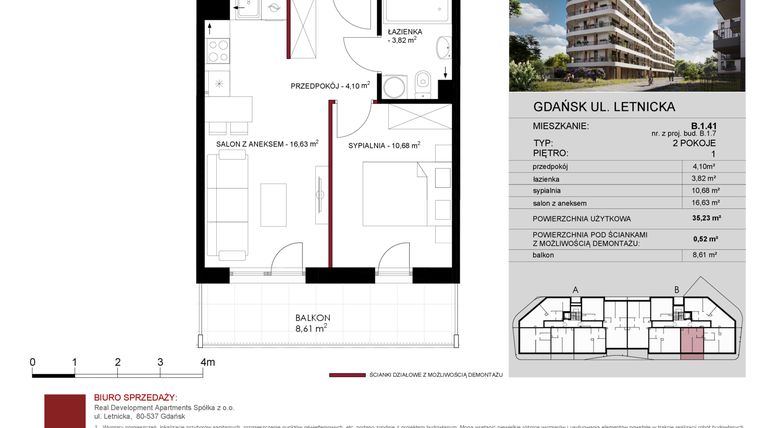 Rzut - Mieszkanie na sprzedaż 2 pokoje o powierzchni 35,23 m² - numer B.1.41 w Letnicka Residence