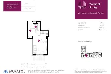 Rzut - Mieszkanie na sprzedaż 1 pokój o powierzchni 31,69 m² - numer 2.B.0.02 w Murapol Urcity
