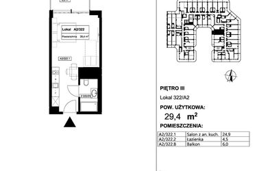 Rzut - Mieszkanie na sprzedaż 1 pokój o powierzchni 29,4 m² - numer 322 w Apollo Resort