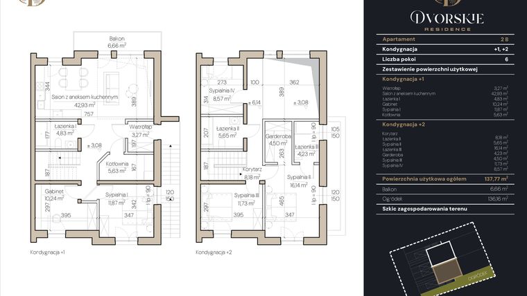 Rzut - Mieszkanie na sprzedaż 6 pokoi o powierzchni 137,77 m² - numer 2B w Dvorskie Residence