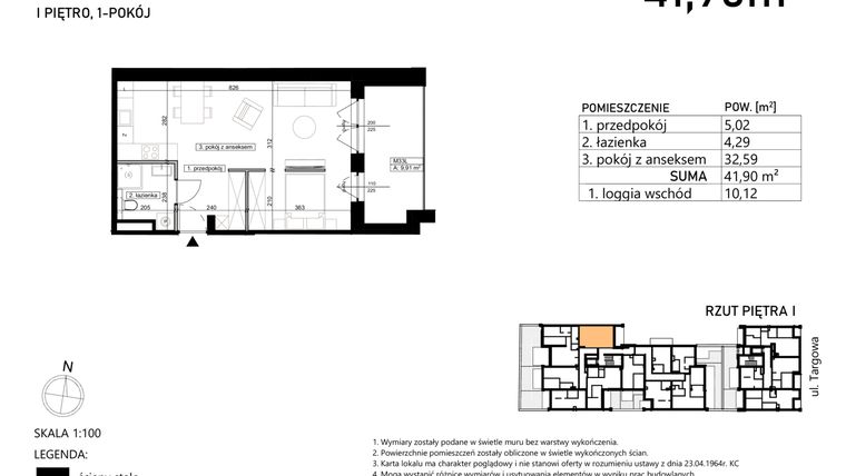 Rzut - Mieszkanie na sprzedaż 1 pokój o powierzchni 41,9 m² - numer M33 w Finezja