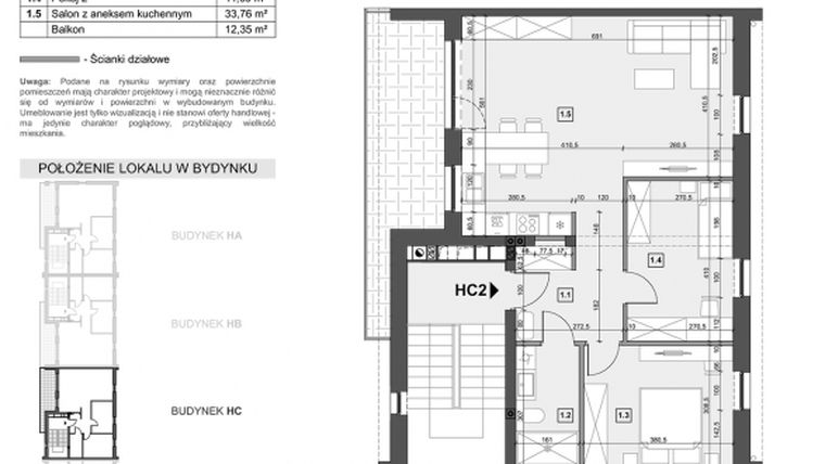 Rzut - Mieszkanie na sprzedaż 3 pokoje o powierzchni 69,15 m² - numer HC2 w Wzgórze Zelwerowicza