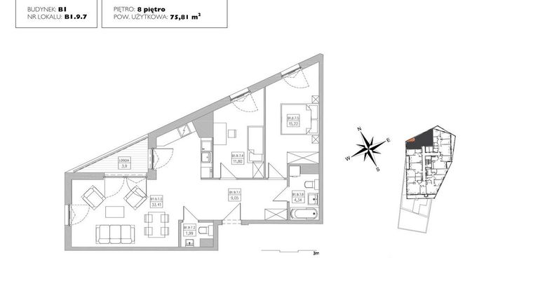 Rzut - Mieszkanie na sprzedaż 3 pokoje o powierzchni 75,1 m² - numer B1.9.7 w Alvarium 2.0