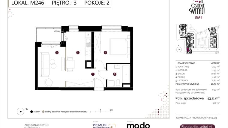 Rzut - Mieszkanie na sprzedaż 2 pokoje o powierzchni 43,11 m² - numer M246 w Osiedle Witaj etap II