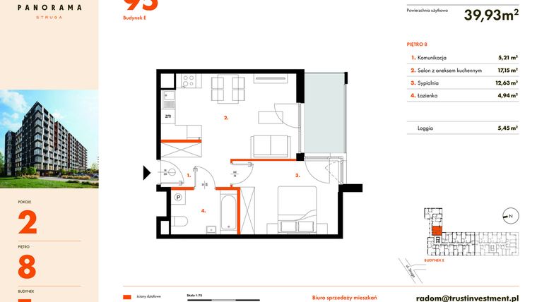 Rzut - Mieszkanie na sprzedaż 2 pokoje o powierzchni 39,93 m² - numer E95 w Panorama Struga