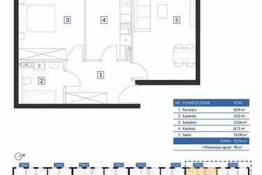 Rzut - Mieszkanie na sprzedaż 2 pokoje o powierzchni 50,96 m² - numer 7D02 w Osiedle Krzeptów VII