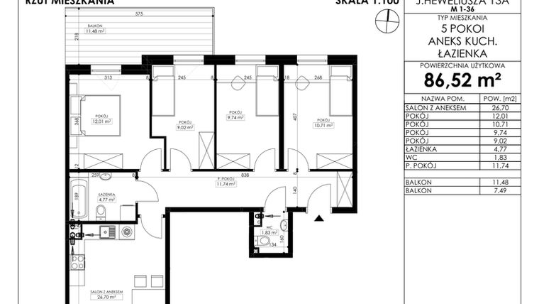 Rzut - Mieszkanie na sprzedaż 5 pokoi o powierzchni 86,52 m² - numer JAR-II-B-LM-M24 w Osiedle JAR Heweliusza etap II