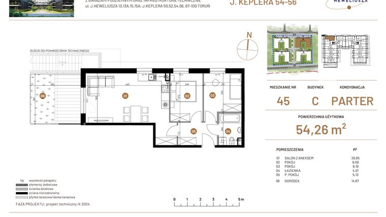 Rzut - Mieszkanie na sprzedaż 3 pokoje o powierzchni 54,26 m² - numer JAR-III-C-LM-M45 w Osiedle JAR Heweliusza etap III