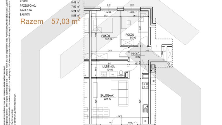 Rzut - Mieszkanie na sprzedaż 3 pokoje o powierzchni 57,03 m² - numer S.03.21 w Sobieskiego 29