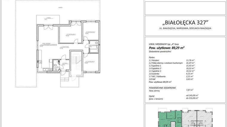 Rzut - Mieszkanie na sprzedaż 4 pokoje o powierzchni 89,29 m² - numer 2A w Białołęcka 327
