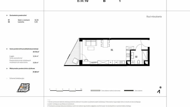 Rzut - Mieszkanie na sprzedaż 1 pokój o powierzchni 37,75 m² - numer B.M.10 w VIDOK