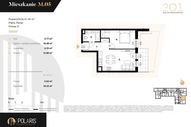 Rzut - Mieszkanie na sprzedaż 2 pokoje o powierzchni 41,49 m² - numer M5 w Aleja Krakowska 201