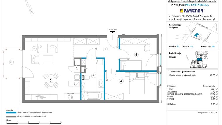 Rzut - Mieszkanie na sprzedaż 3 pokoje o powierzchni 66,03 m² - numer B.1.66 w Daszyńskiego Square etap 1