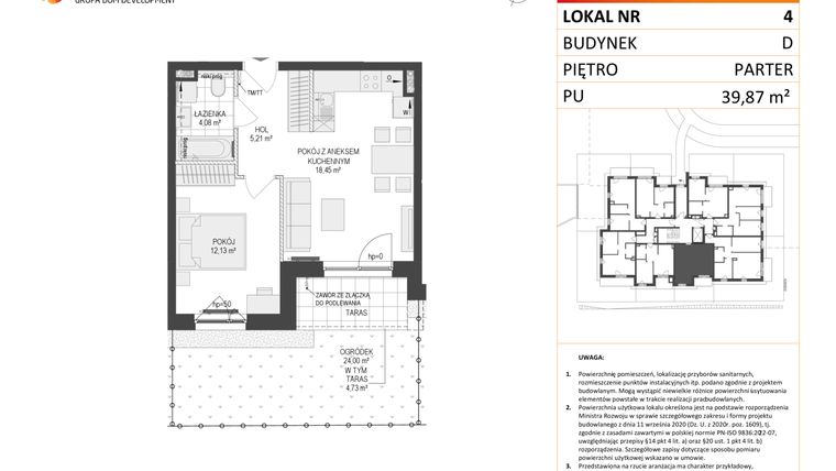 Rzut - Mieszkanie na sprzedaż 2 pokoje o powierzchni 39,87 m² - numer D.4 w Osiedle Warszawska etap II