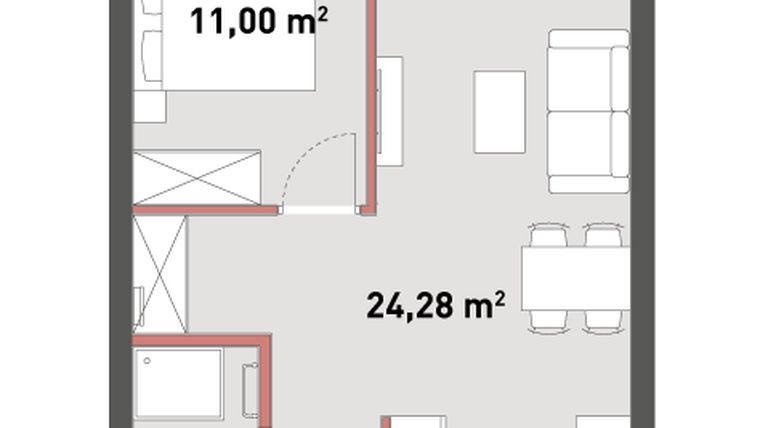Rzut - Mieszkanie na sprzedaż 2 pokoje o powierzchni 41,09 m² - numer A.01.08 w Żelazna 54