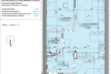 Rzut - Mieszkanie na sprzedaż 3 pokoje o powierzchni 54,95 m² - numer 64B w Osiedle Młodych etap X