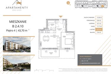 Rzut - Mieszkanie na sprzedaż 2 pokoje o powierzchni 43,7 m² - numer B2.4.10 w Apartamenty Nowe Miasto