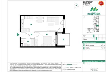 Rzut - Mieszkanie na sprzedaż 2 pokoje o powierzchni 42,49 m² - numer 27 w Osiedle Międzyleska - etap III