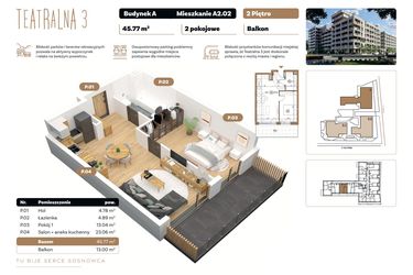 Rzut - Mieszkanie na sprzedaż 2 pokoje o powierzchni 45,77 m² - numer A 2.02 w Teatralna 3 - etap II