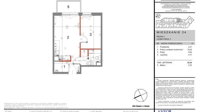 Rzut - Mieszkanie na sprzedaż 2 pokoje o powierzchni 33,34 m² - numer 24 w Zana 2